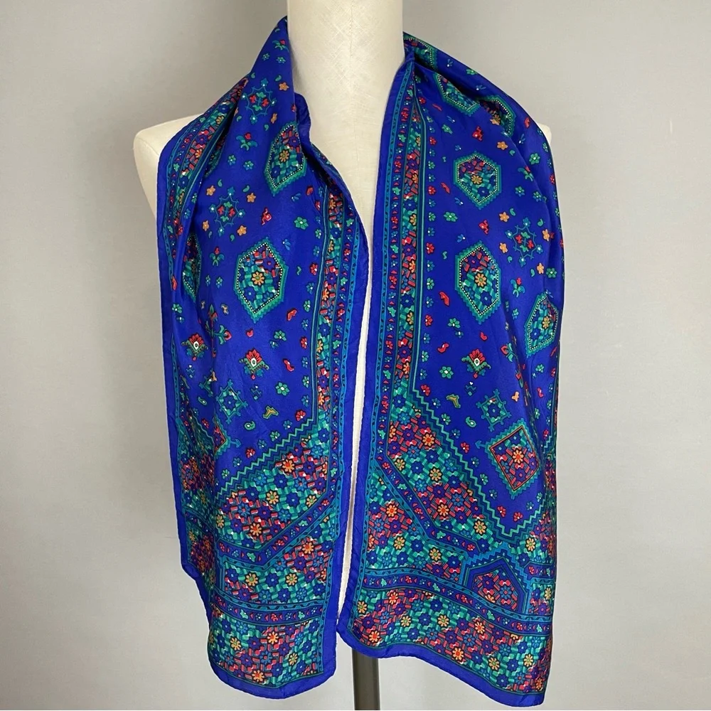Vintage Blue Scarf Floral Geometric‎ Pattern Long Rectangular Unique Retro Fun